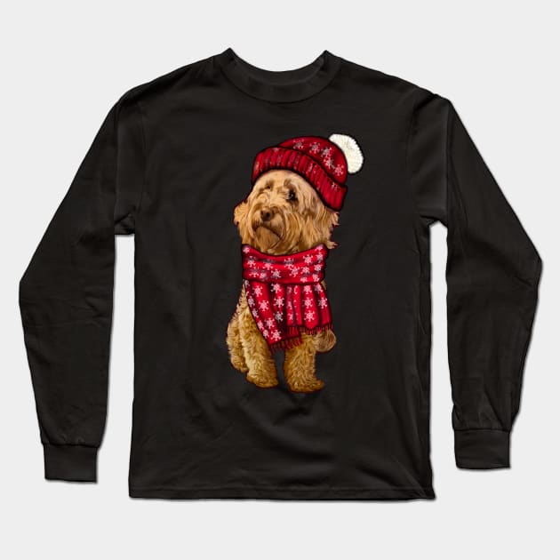 Cavapoo Cavoodle in festive red winter hat and scarf- cute cavalier king charles spaniel snug in a snowflake themed scarf Long Sleeve T-Shirt by Artonmytee